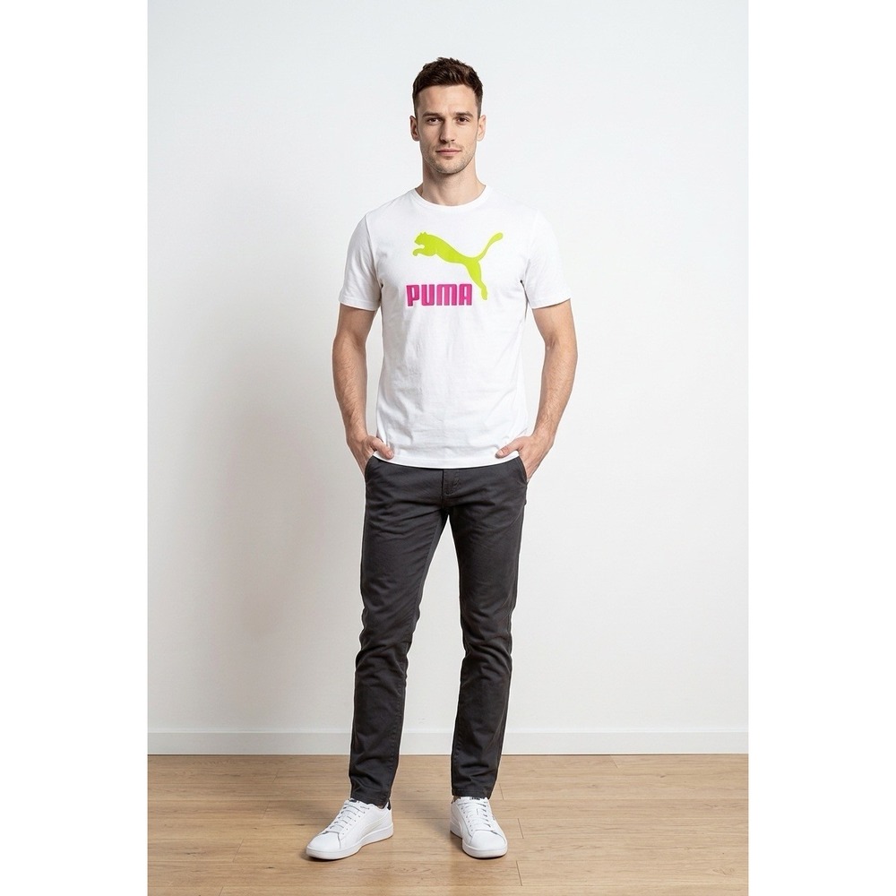Puma Mens Graphic T-Shirt White Neon Green Pink Logo Short Sleeve Cotton XL - Picture 5 of 5